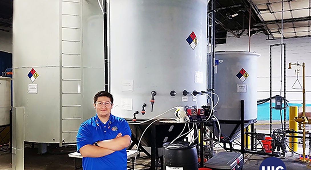 Chris Quintero a 2016 chemical engineering graduate of UIC now works to eliminate waste and treat process water at Dynamic Manufacturing.