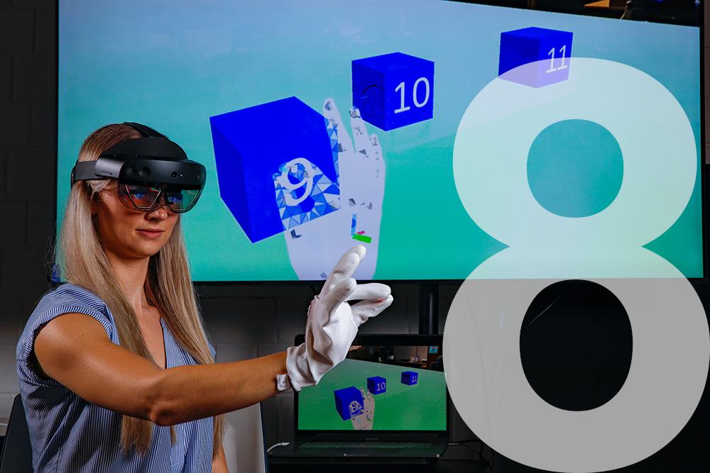 A student wearing a VR headset and a superimposed number 